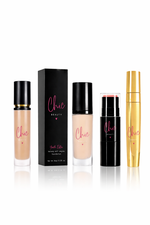 Full Chic Edit makeup routine bundle with foundation concealer blush and mascara