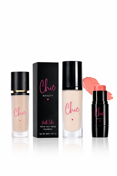 Glow makeup bundle by Chic Beauty with Youth Editor Foundation and Chic Glow Blush